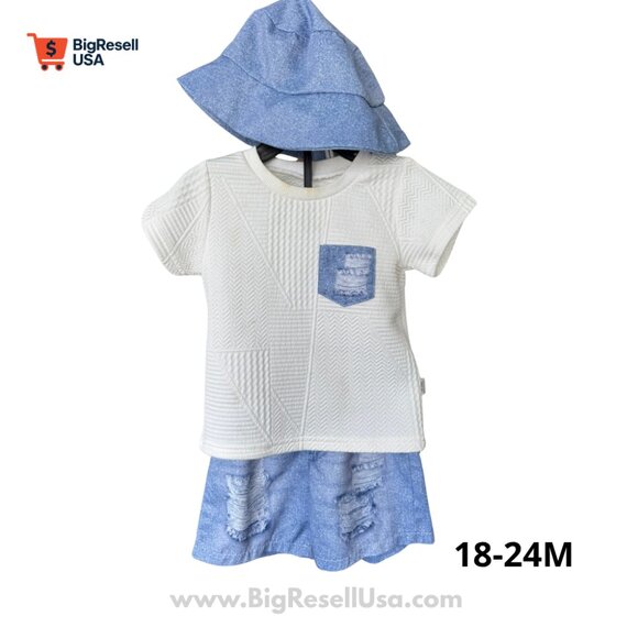 SHEIN | Boys' Casual Texture T-Shirt Denim Shorts With Bucket Hat Set 18-24M - Picture 3 of 6